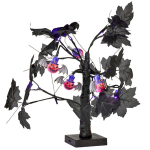 Black artificial Halloween tree decoration with bat-shaped branches, purple fairy lights, and hanging jack-o'-lantern ornaments with bat wings and blue hats, displayed on a white background.