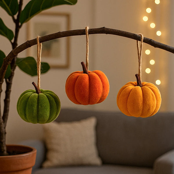 Decorative pumpkins hanging from a branch in a cozy living room setting.