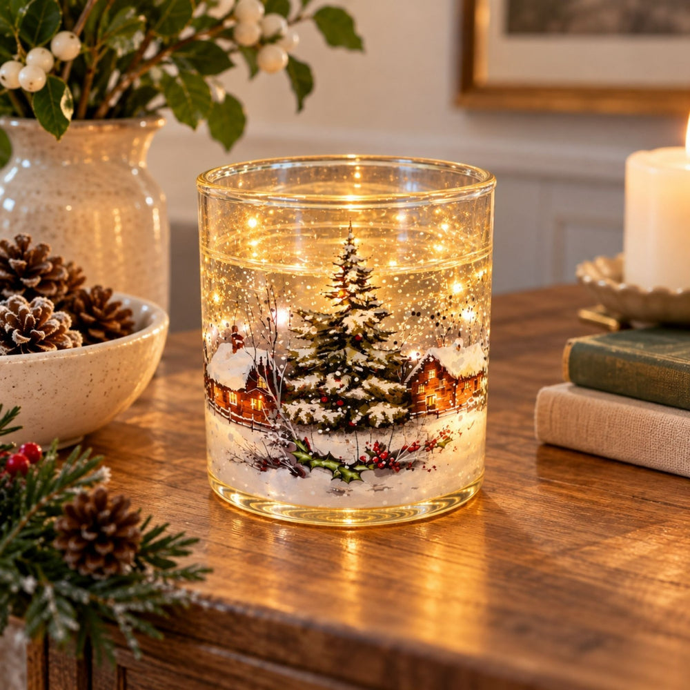 A clear glass candle jar with a warm white LED light inside, featuring a printed winter village scene with a Christmas tree, cabins, snow, and falling leaves