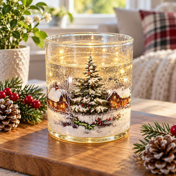 A clear glass candle jar with a warm white LED light inside, featuring a printed winter village scene with a Christmas tree, cabins, snow, and falling leaves. The candle is styled on a wooden tray with pinecones and evergreen branches in a cozy indoor setting.