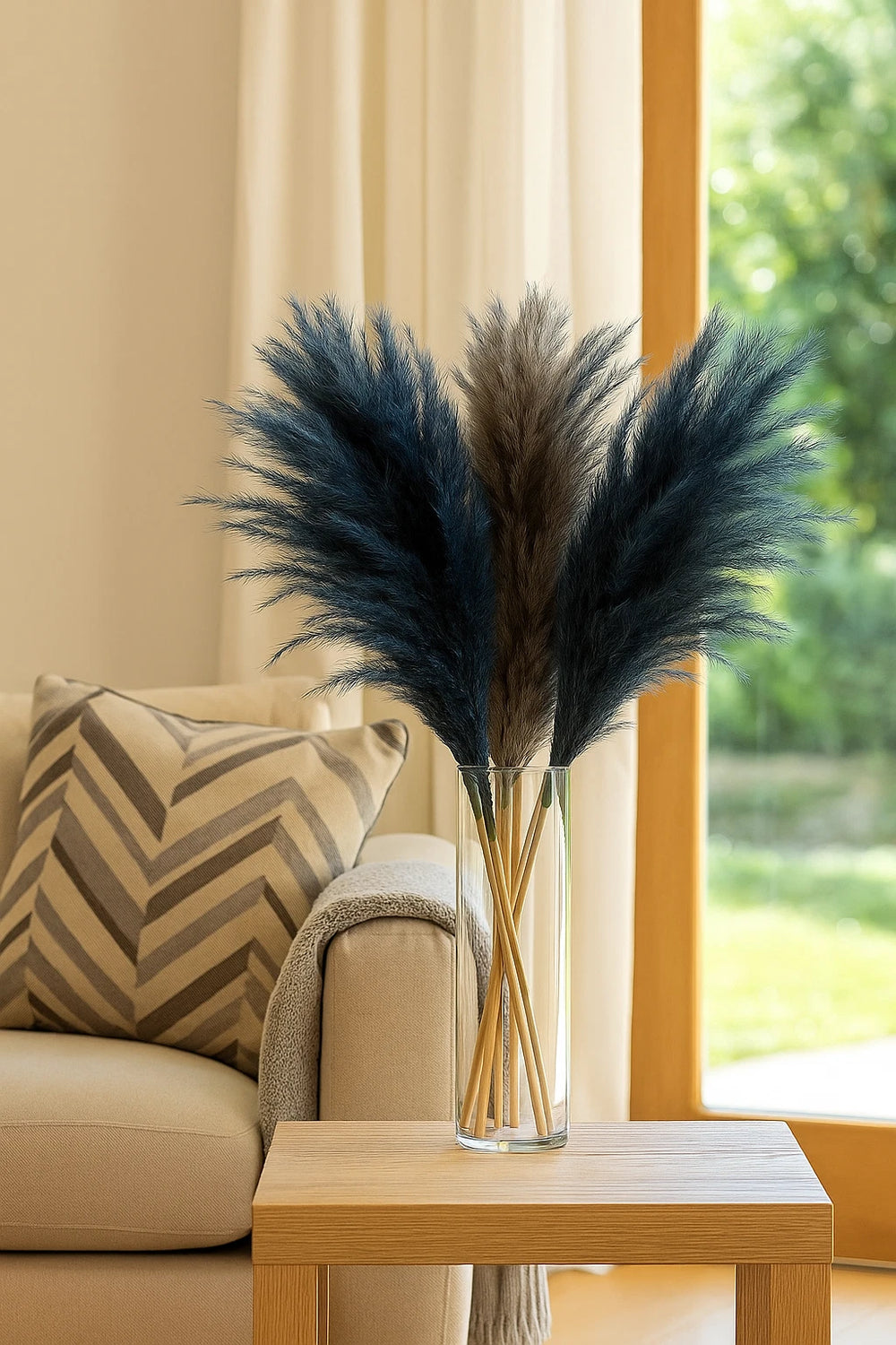 Decorative vase with pampas grass on a table in a living room setting