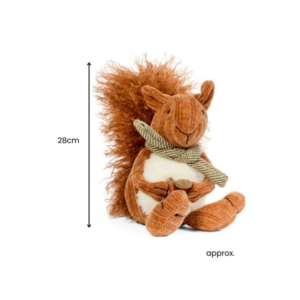 Plush squirrel toy with a scarf, showing its approximate size of 28cm on a white background.