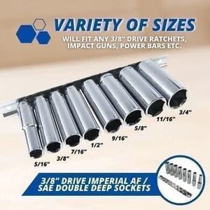 8pc 3/8" Drive Socket Set AF Imperial Chrome Vanadium 5/16''-3/4'' on Rail