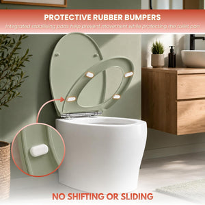 Easy clean sage green MDF toilet seat installed on toilet