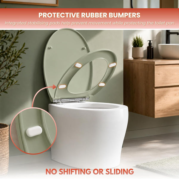 Easy clean sage green MDF toilet seat installed on toilet