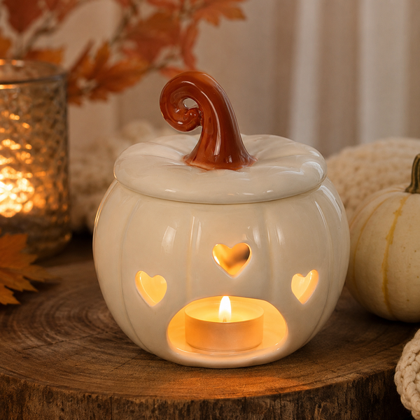 A white ceramic pumpkin-shaped candle holder with a brown stem, featuring heart-shaped and window cutouts that glow warm yellow from a tea light candle inside. It sits on a rustic wooden slice with autumn decor in the background.