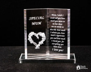 Glass book plaque featuring a sentimental message for Mum