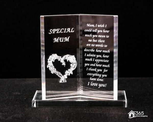 Glass book plaque featuring a sentimental message for Mum