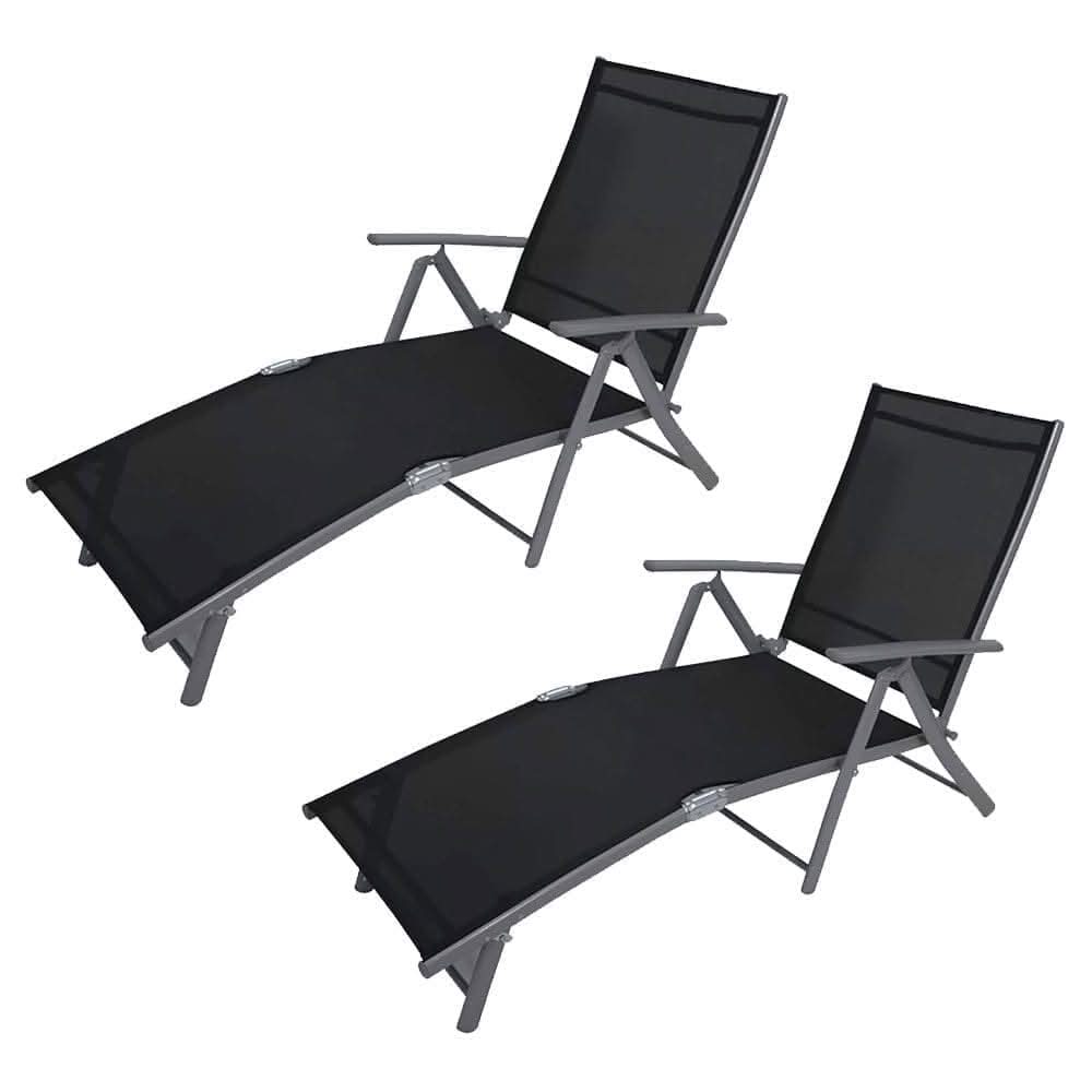 Set of two reclining garden sun loungers with black seats