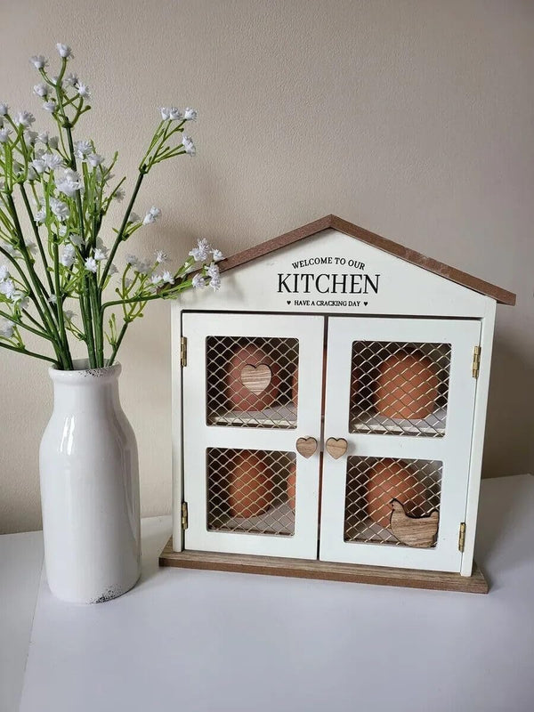 Decorative wooden egg cupboard with mesh doors
