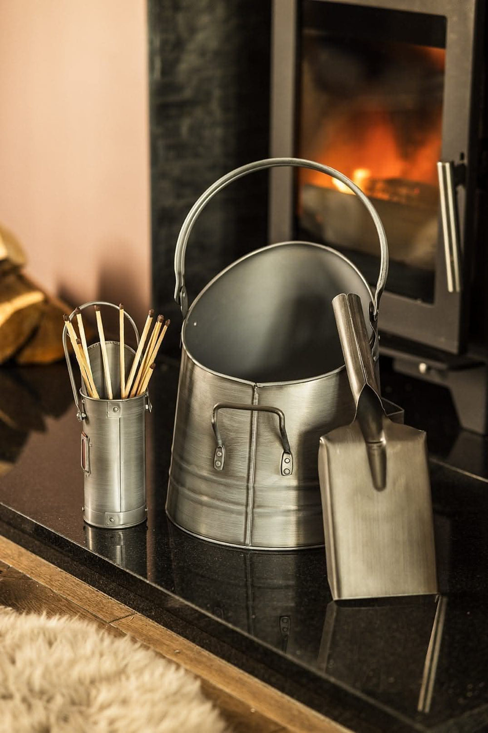 Silver fireside coal bucket shovel and match canister