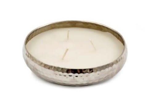 Silver hammered metal bowl candle with three wicks