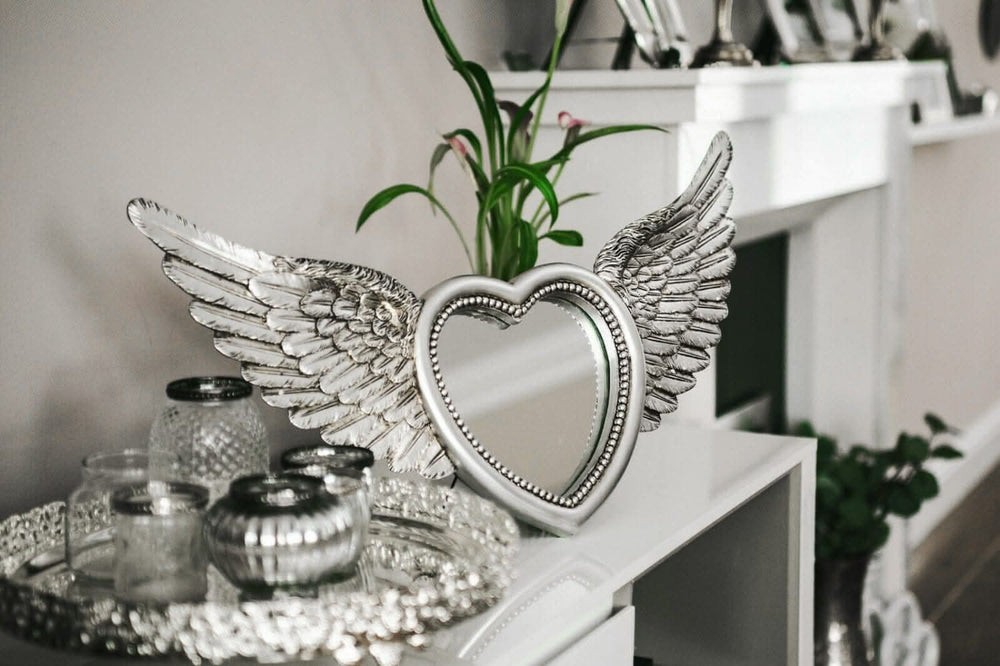 Large silver heart angel wings wall mirror