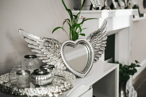 Large silver heart angel wings wall mirror