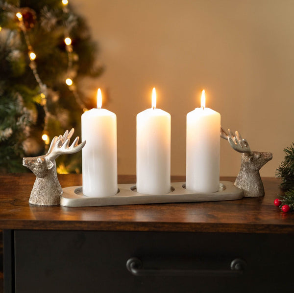 Silver stag three pillar candle holder