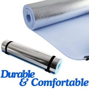 Lightweight foam mat displayed beside camping equipment