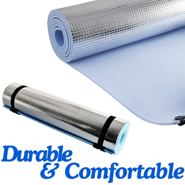Lightweight foam mat displayed beside camping equipment