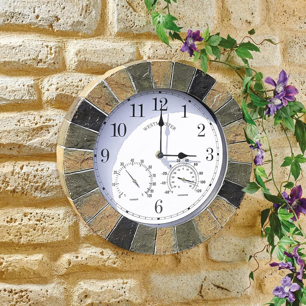 Slate effect garden wall clock with thermometer