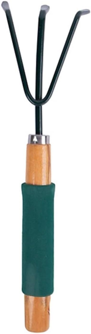 Small hand garden rake with carbon steel head.