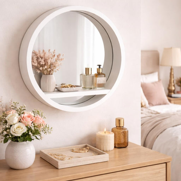 35cm round mirror displayed in a bathroom