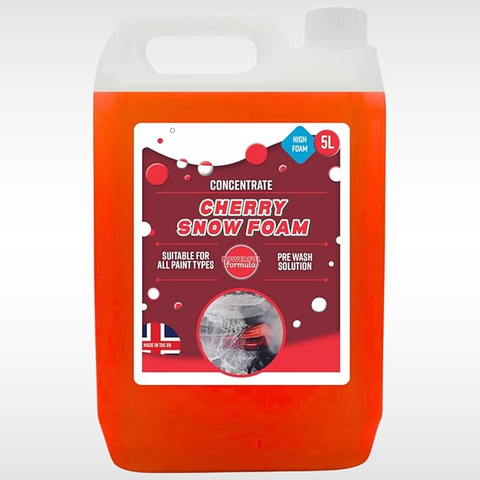 Orange container of cherry snow foam with a label on a white background