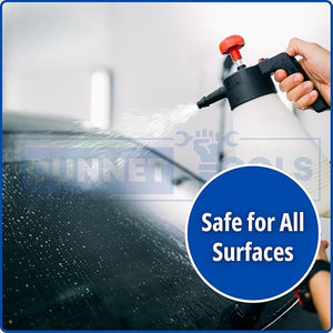 Person using a spray bottle to clean a surface with a 'Safe for All Surfaces' label.