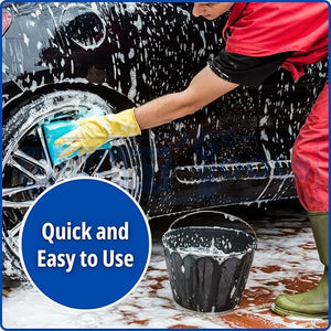 Person washing a car with soapy hands and text 'Quick and Easy to Use'.