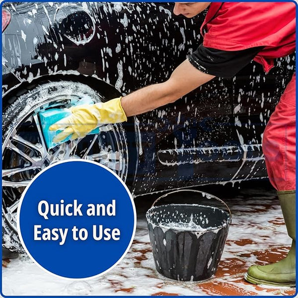 Person washing a car with soapy hands and text 'Quick and Easy to Use'.