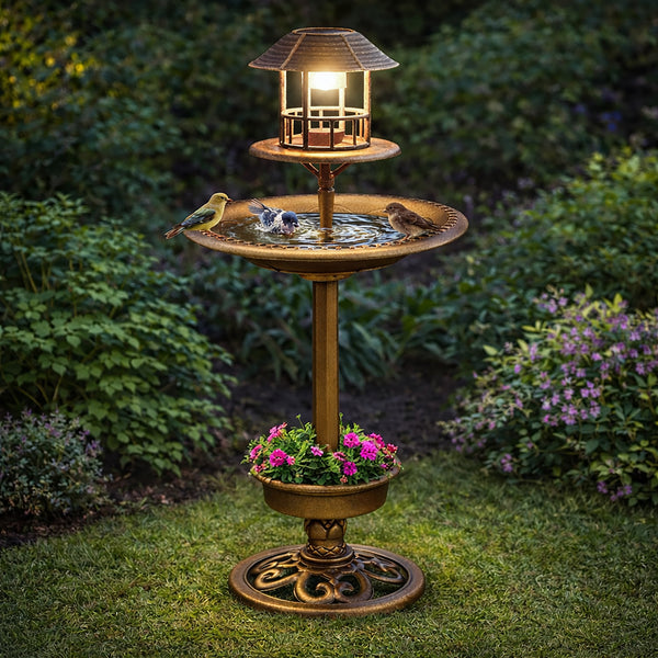 Solar bird bath and feeder with LED light