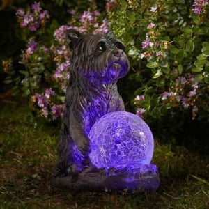 Solar dog garden ornament with multicolour LED gazing ball