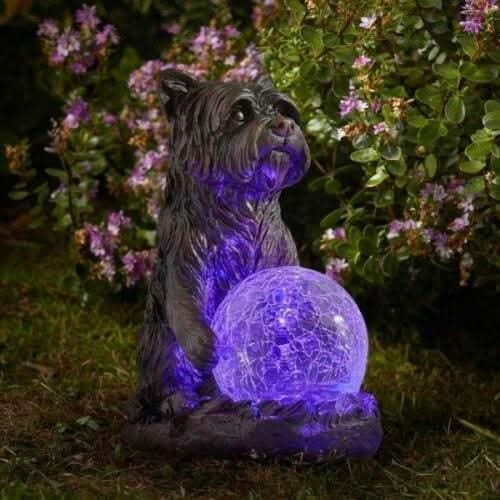 Solar dog garden ornament with multicolour LED gazing ball
