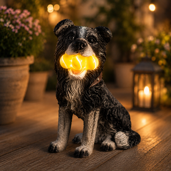 Solar powered dog garden decoration shown from front
