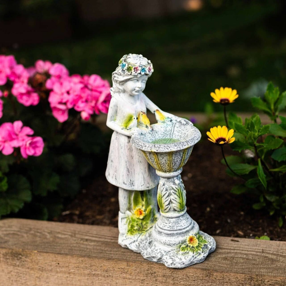 Solar fairy garden statue with LED bird bath