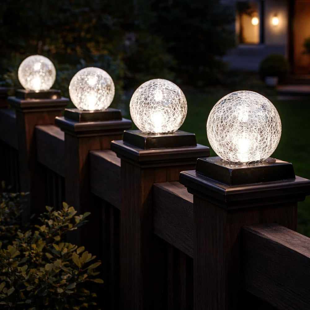 Set of four solar fence post lights with crackle glass
