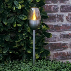Two solar flame effect LED garden stake lights