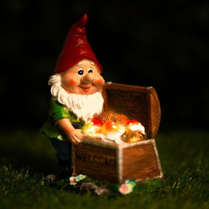 Solar gnome garden ornament with LED welcome chest