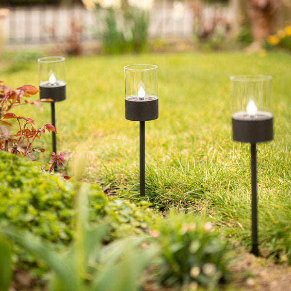 Solar pathway lights illuminated after dusk