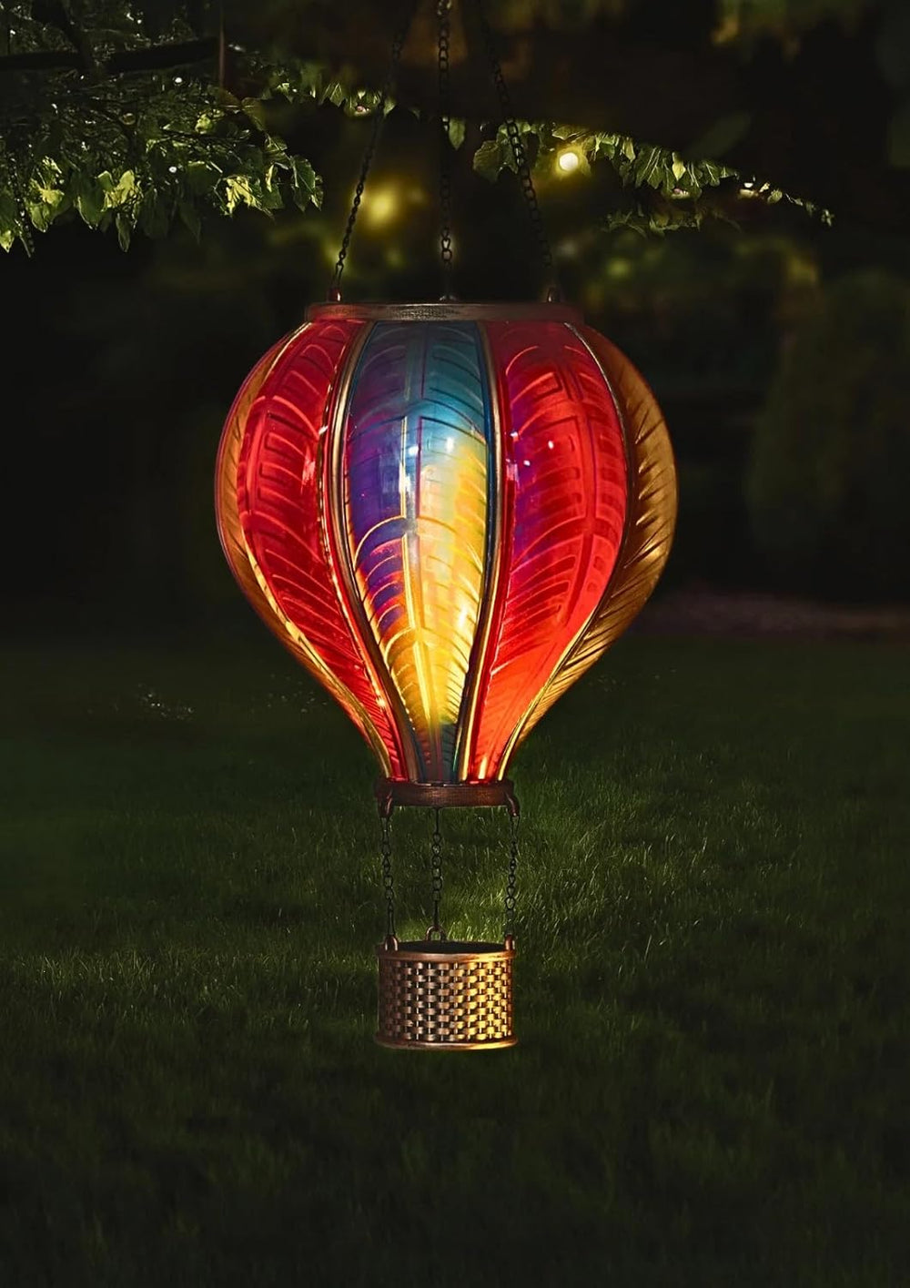 Solar hot air balloon lantern hanging in garden