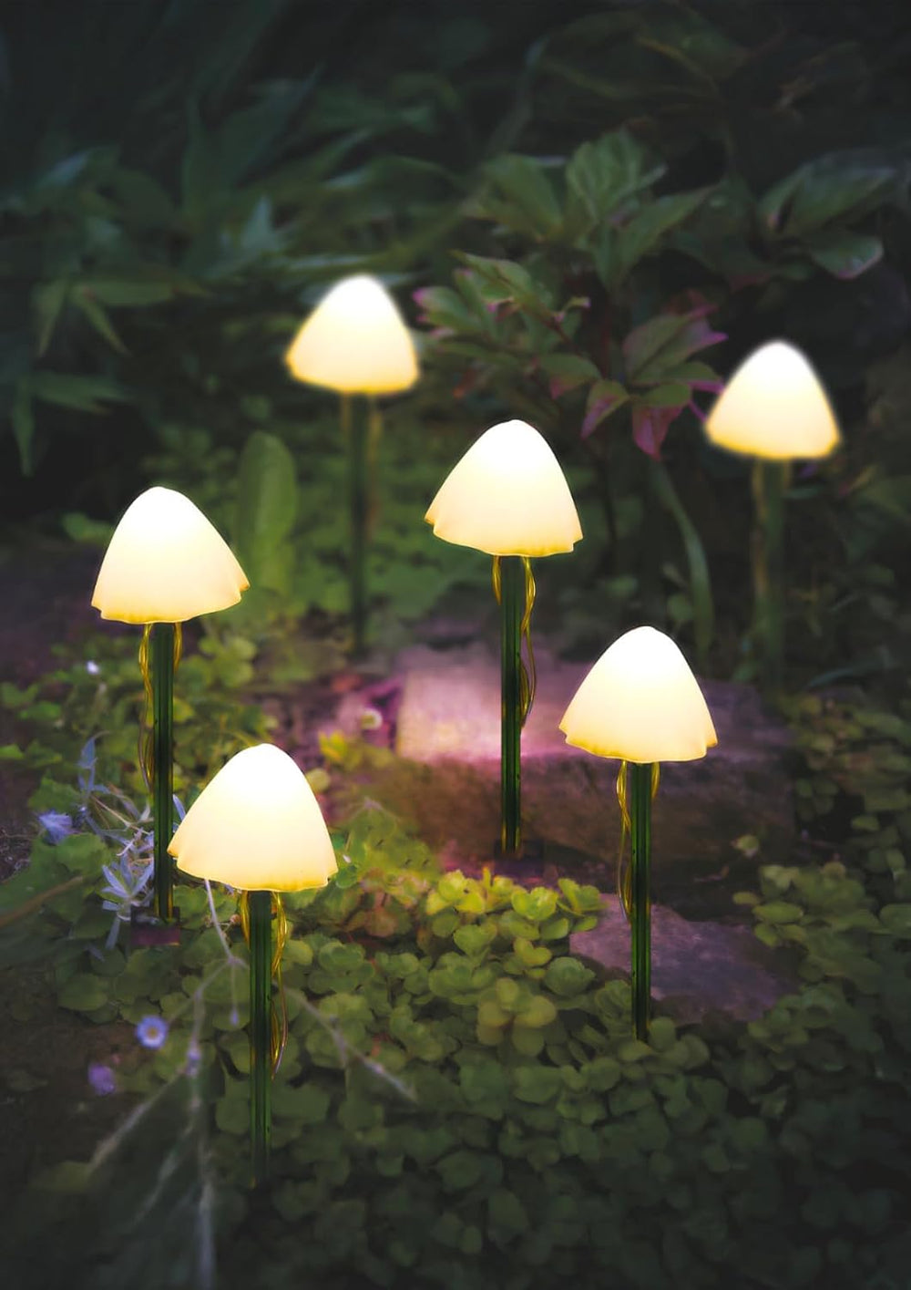 Six solar mushroom stake lights in garden