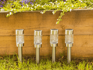 Solar stake lights installed along garden pathway