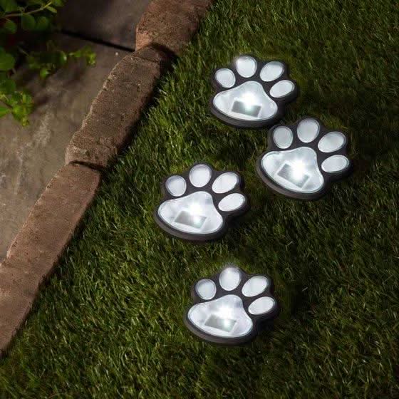 Four solar pet paw print garden stake lights