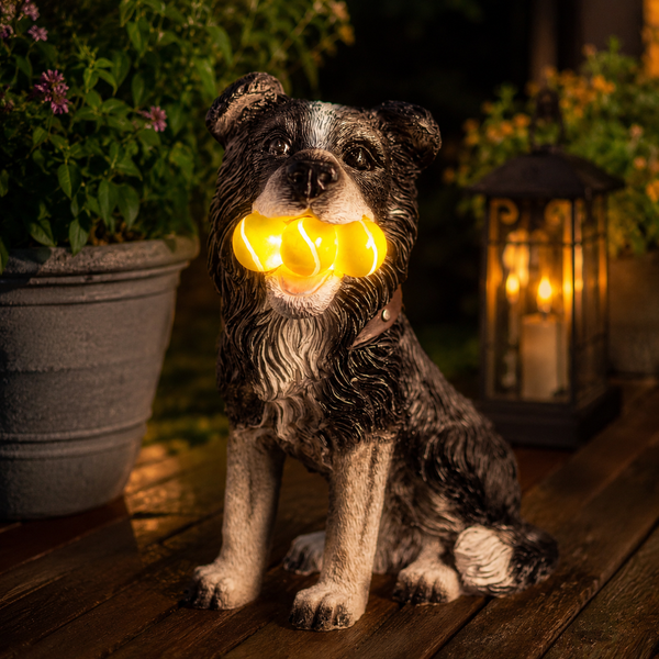Solar puppy ornament positioned in flower bed