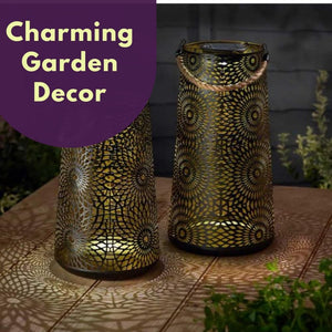 Beige Moroccan-style solar lantern for patio décor.