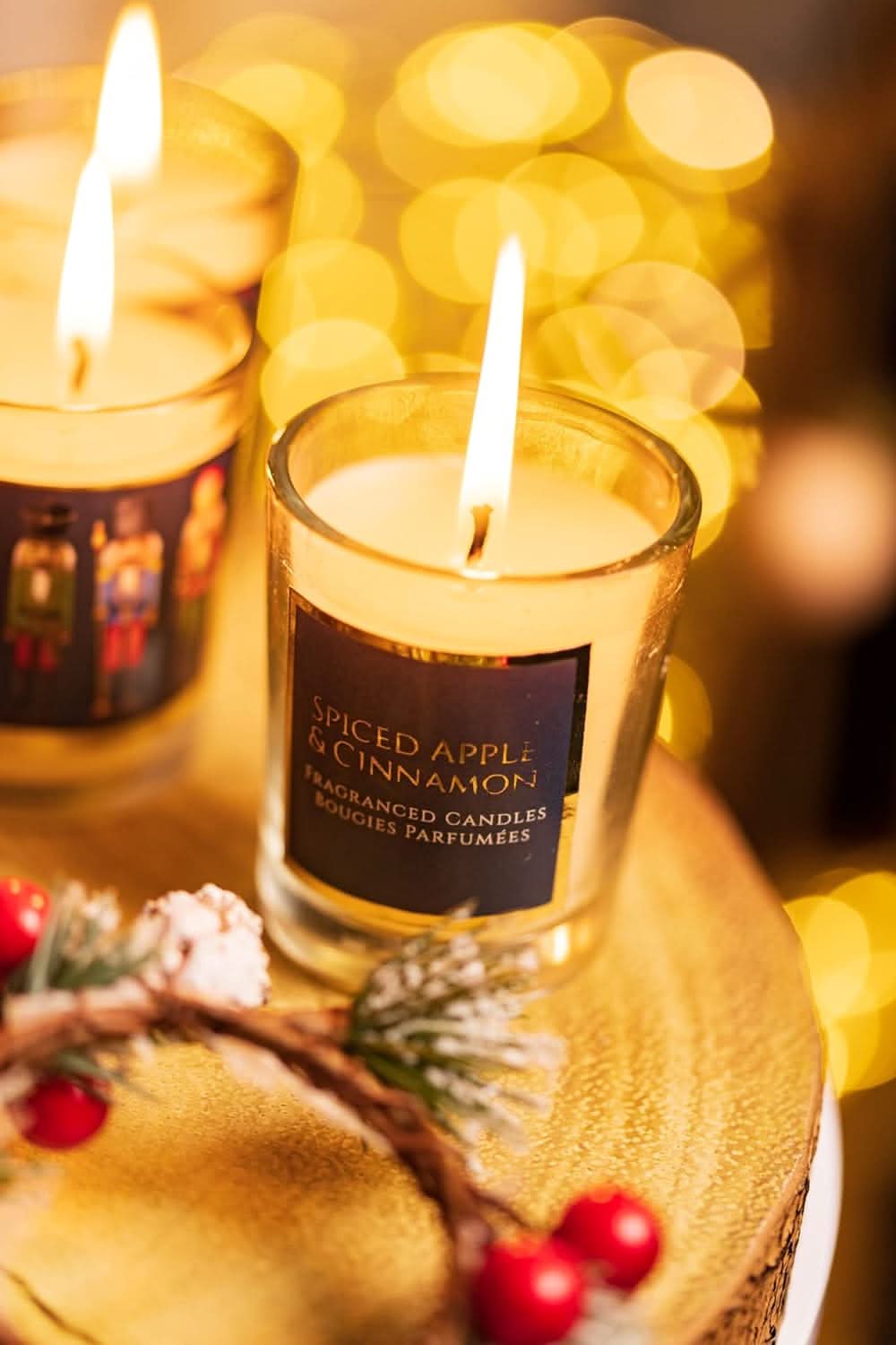 Set of three spiced apple and cinnamon scented candles