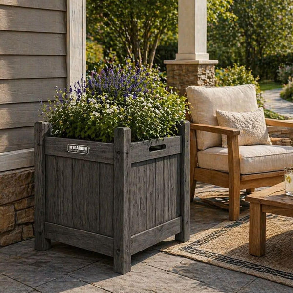 Compact wooden planter for small outdoor spaces