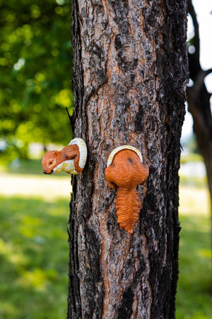 Red squirrel tree peeker garden ornament outdoors