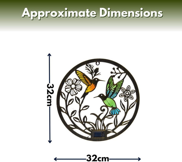 Decorative outdoor wall light featuring colourful hummingbirds.