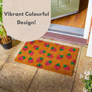 strawberry themed coir door mat at front entrance