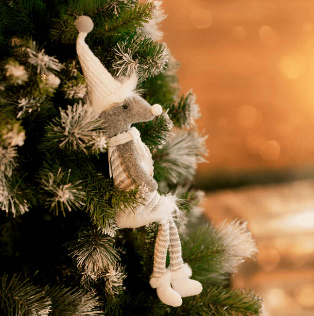 Striped silver mouse Christmas ornament with playful dangly legs