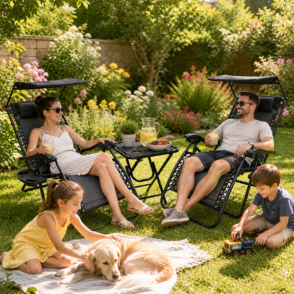Two garden sun chairs arranged for summer relaxation